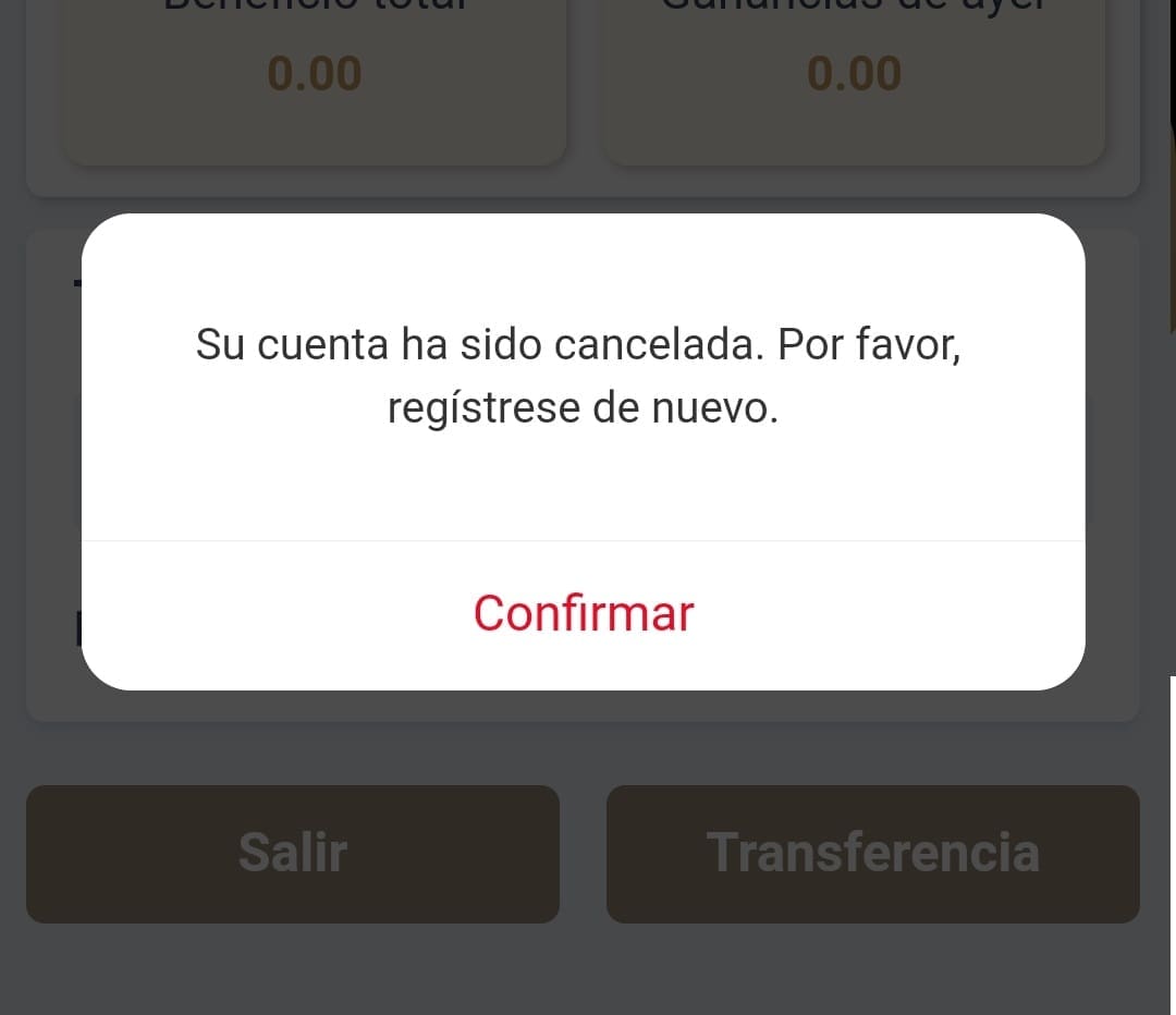Message that the user receives when their account has been canceled and they have kept all their money.